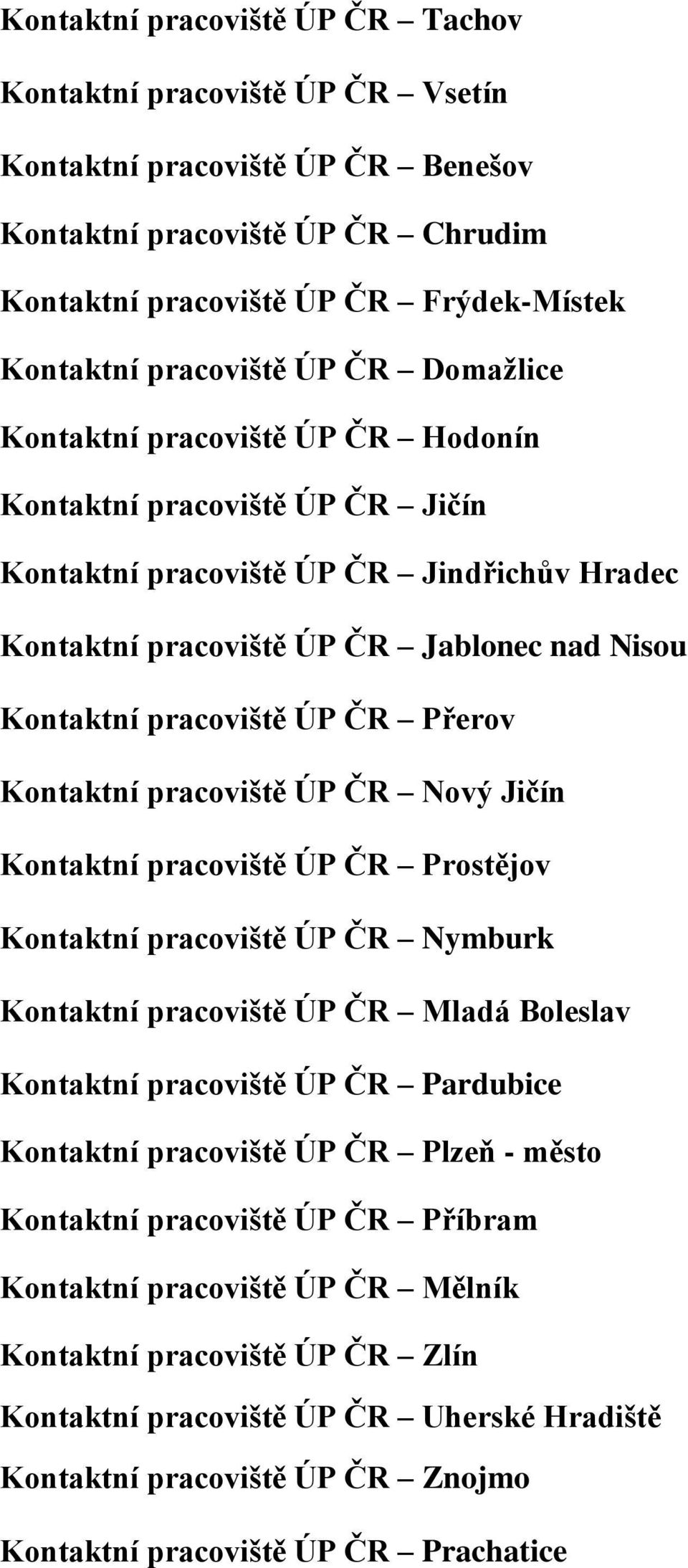 ČR Přerov Kontaktní pracoviště ÚP ČR Nový Jičín Kontaktní pracoviště ÚP ČR Prostějov Kontaktní pracoviště ÚP ČR Nymburk Kontaktní pracoviště ÚP ČR Mladá Boleslav Kontaktní pracoviště ÚP ČR Pardubice