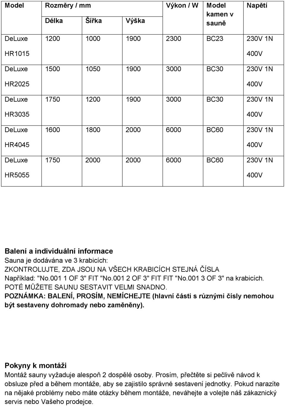 krabicích: ZKONTROLUJTE, ZDA JSOU NA VŠECH KRABICÍCH STEJNÁ ČÍSLA Například: "No.001 1 OF 3" FIT "No.001 2 OF 3" FIT FIT "No.001 3 OF 3" na krabicích. POTÉ MŮŽETE SAUNU SESTAVIT VELMI SNADNO.