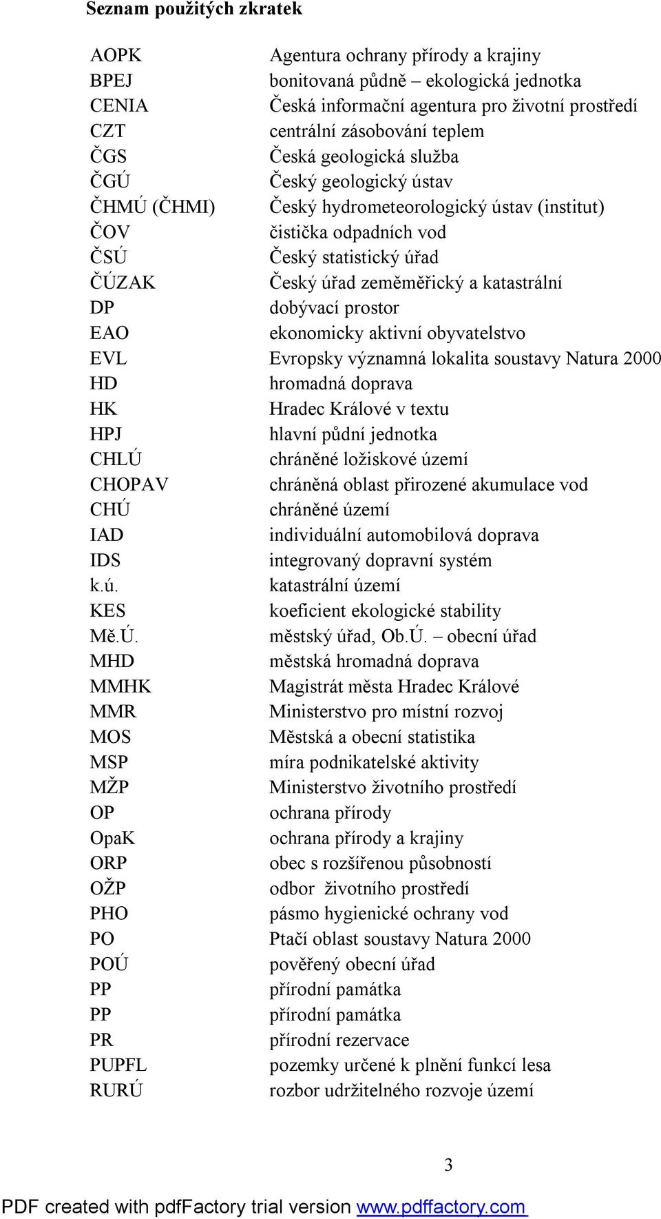 katastrální DP dobývací prostor EAO ekonomicky aktivní obyvatelstvo EVL Evropsky významná lokalita soustavy Natura 2000 HD hromadná doprava HK Hradec Králové v textu HPJ hlavní půdní jednotka CHLÚ