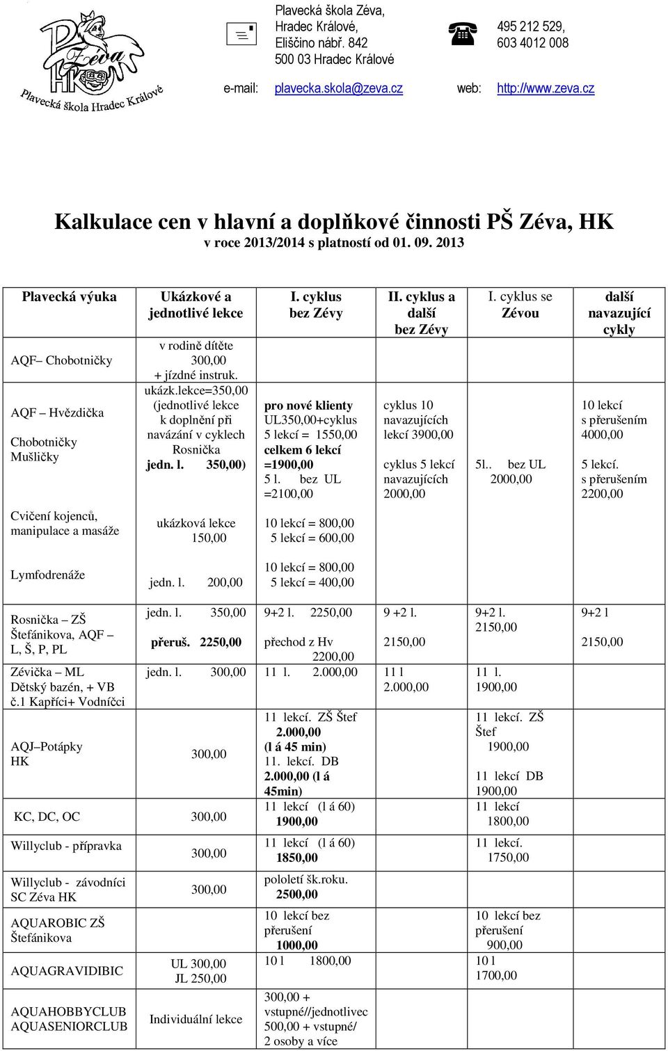 2013 Plavecká výuka AQF Chobotničky AQF Hvězdička Chobotničky Mušličky Ukázkové a v rodině dítěte + jízdné instruk. ukázk.lekce=350,00 ( k doplnění při navázání v cyklech Rosnička jedn. l. 350,00) I.