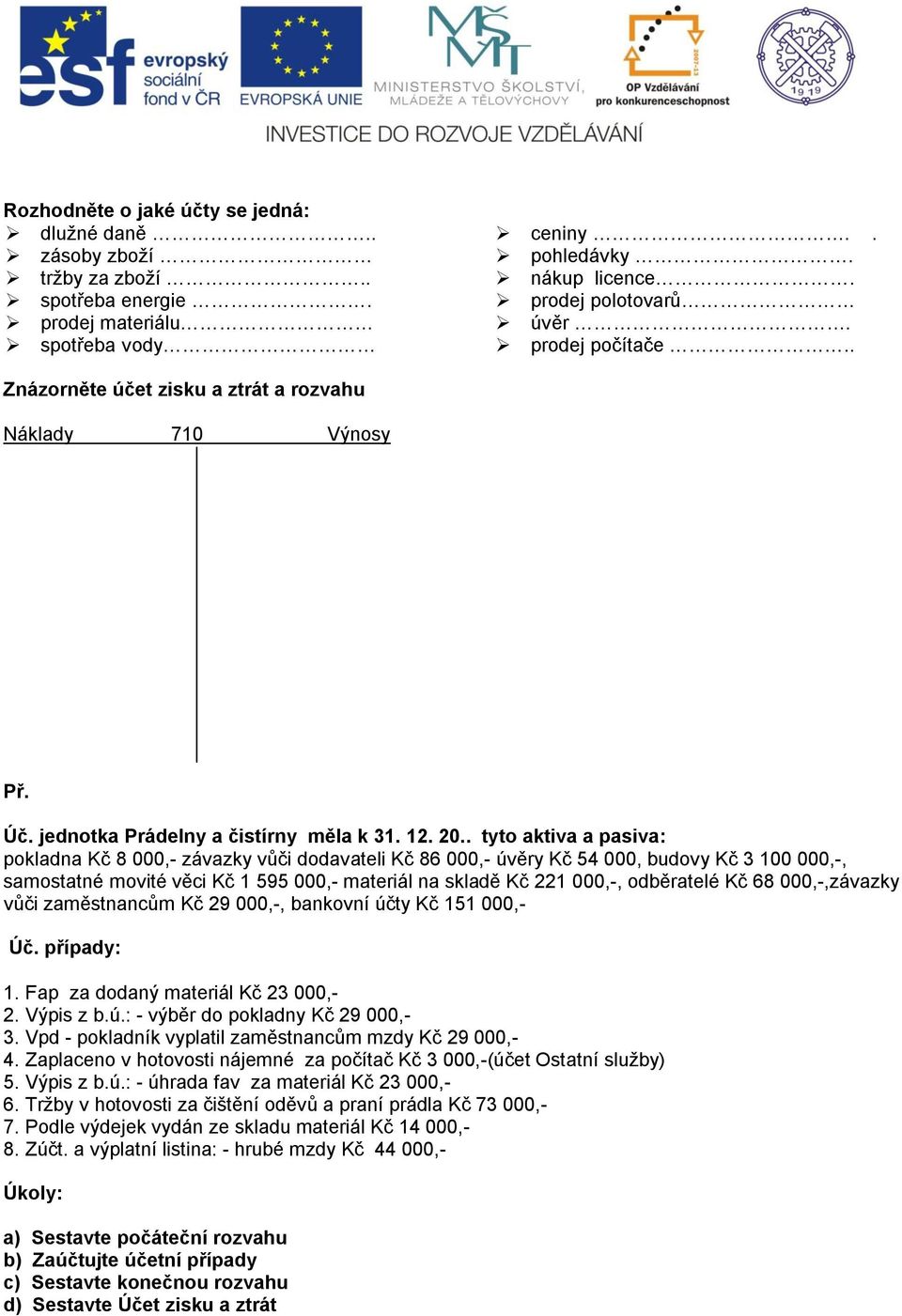 . tyto aktiva a pasiva: pokladna Kč 8 000,- závazky vůči dodavateli Kč 86 000,- úvěry Kč 54 000, budovy Kč 3 100 000,-, samostatné movité věci Kč 1 595 000,- materiál na skladě Kč 221 000,-,