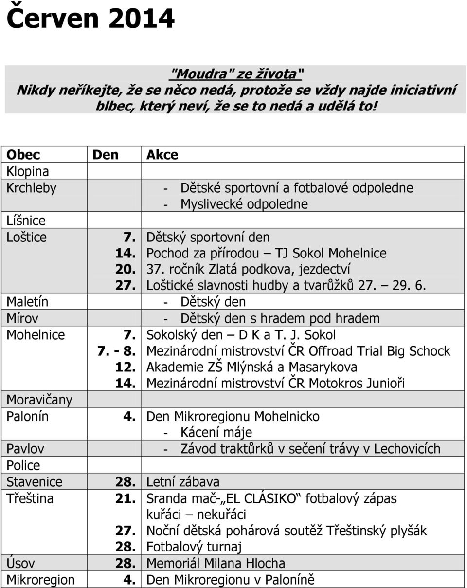 ročník Zlatá podkova, jezdectví Loštické slavnosti hudby a tvarůžků 27. 29. 6. - Dětský den - Dětský den s hradem pod hradem Sokolský den D K a T. J.