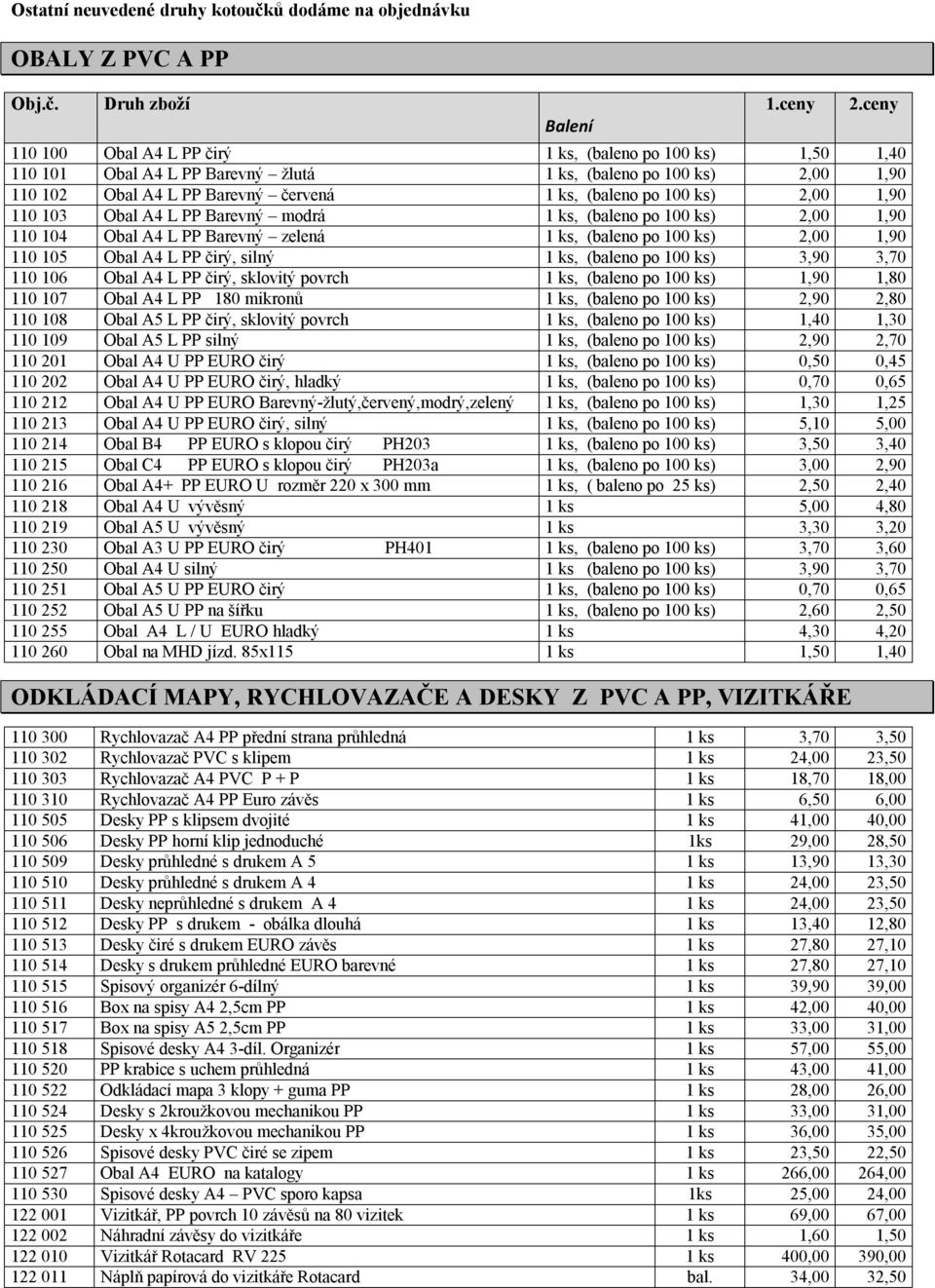 (baleno po 100 ks) 2,00 1,90 110 105 Obal A4 L PP čirý, silný 1 ks, (baleno po 100 ks) 3,90 3,70 110 106 Obal A4 L PP čirý, sklovitý povrch 1 ks, (baleno po 100 ks) 1,90 1,80 110 107 Obal A4 L PP 180