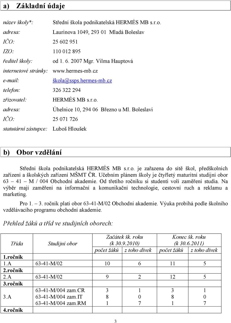 Boleslavi IČO: 25 071 726 statutární zástupce: Luboš Hloušek b) Obor vzdělání Střední škola podnikatelská HERMÉS MB s.r.o. je zařazena do sítě škol, předškolních zařízení a školských zařízení MŠMT ČR.