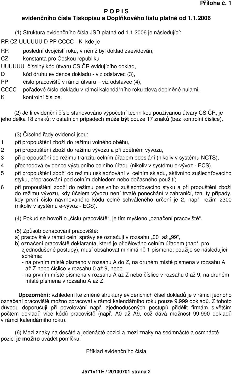 1.2006 (1) Struktura evidenčního čísla JSD platná od 1.1.2006 je následující: RR CZ UUUUUU D PP CCCC - K, kde je RR poslední dvojčíslí roku, v němž byl doklad zaevidován, CZ konstanta pro Českou