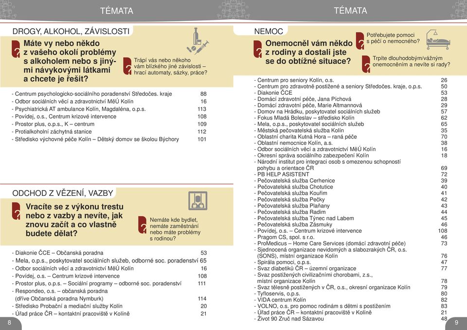 - Centrum psychologicko-sociálního poradenství tředočes. kraje 88 - Odbor sociálních věcí a zdravotnictví MěÚ Kolín 16 - Psychiatrická AT ambulance Kolín, Magdaléna, o.p.s. 113 - Povídej, o.s., Centrum krizové intervence 108 - Prostor plus, o.