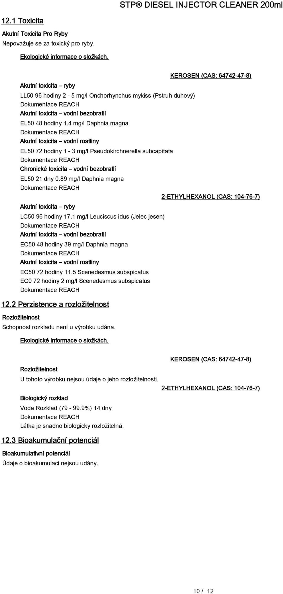 4 mg/l Daphnia magna Akutní toxicita vodní rostliny EL50 72 hodiny 1-3 mg/l Pseudokirchnerella subcapitata Chronické toxicita vodní bezobratlí EL50 21 dny 0.