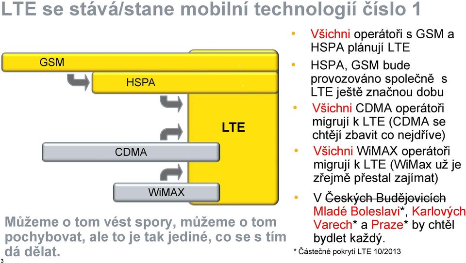 Všichni operátoři s GSM a HSPA plánují LTE HSPA, GSM bude provozováno společně s LTE ještě značnou dobu Všichni CDMA operátoři migrují