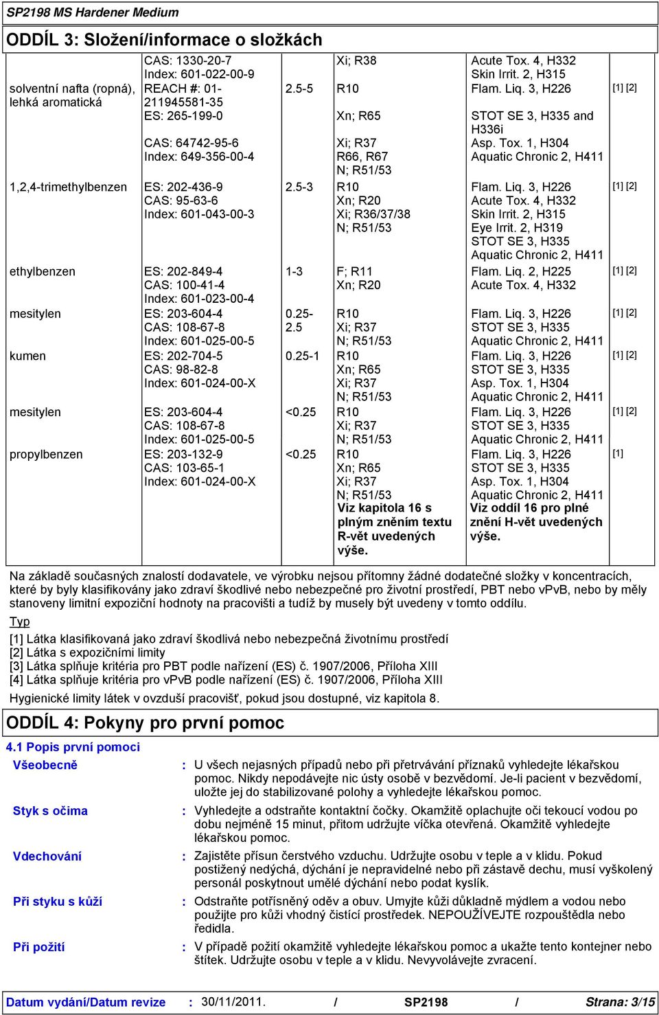 CAS 98-82-8 Index 601-024-00-X mesitylen ES 203-604-4 CAS 108-67-8 Index 601-025-00-5 propylbenzen ES 203-132-9 CAS 103-65-1 Index 601-024-00-X Xi; R38 2.5-5 R10 Xn; R65 Xi; R37 R66, R67 N; R5153 2.