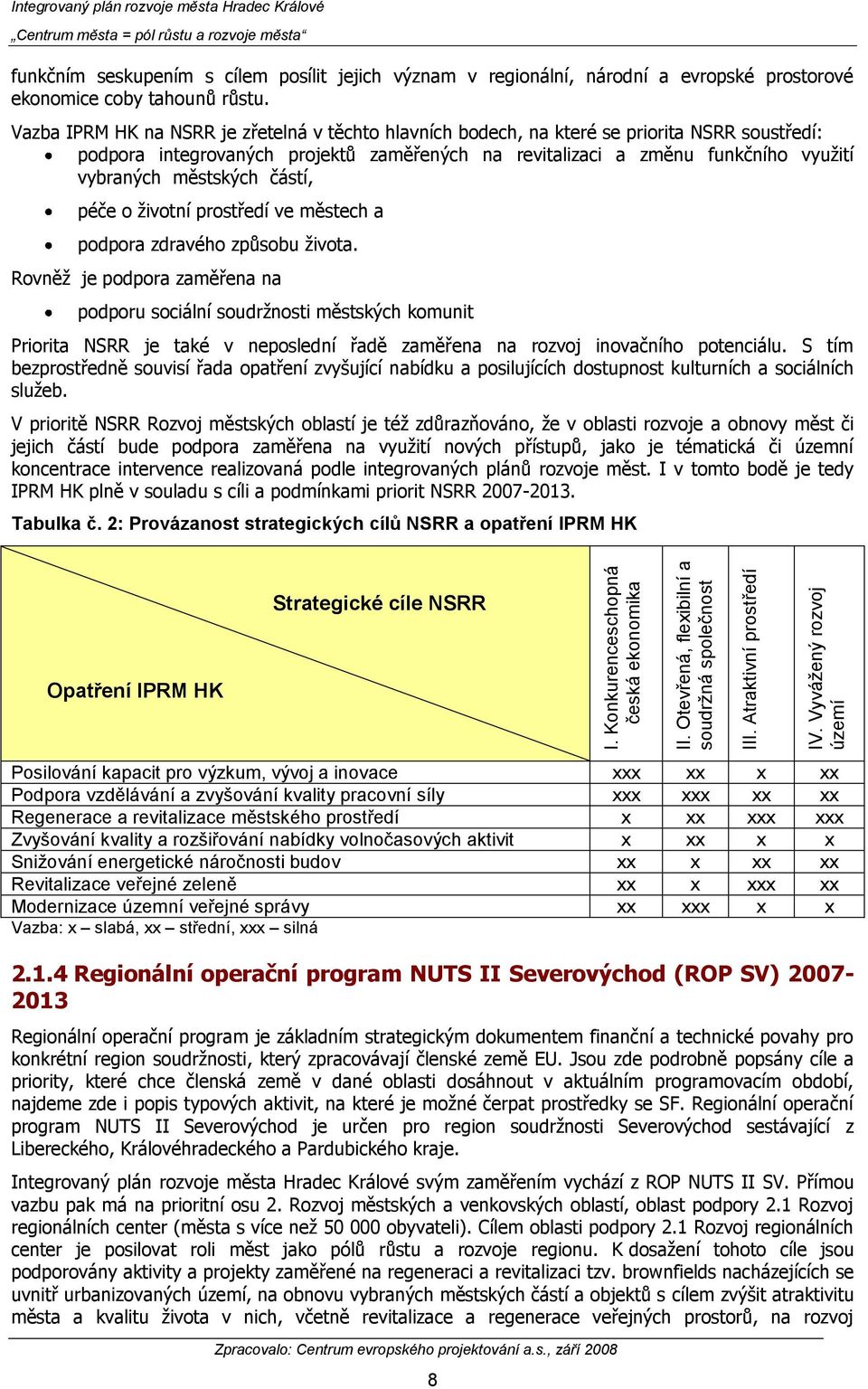 Vazba IPRM HK na NSRR je zřetelná v těchto hlavních bodech, na které se priorita NSRR soustředí: podpora integrovaných projektů zaměřených na revitalizaci a změnu funkčního vyuţití vybraných
