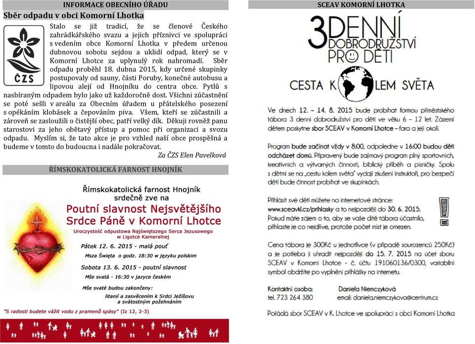 dubna 2015, kdy určené skupinky postupovaly od sauny, části Poruby, konečné autobusu a lipovou alejí od Hnojníku do centra obce. Pytlů s nasbíraným odpadem bylo jako už každoročně dost.