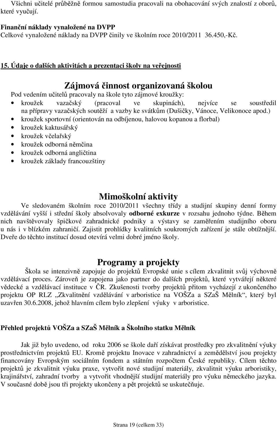 Údaje o dalších aktivitách a prezentaci školy na veřejnosti Zájmová činnost organizovaná školou Pod vedením učitelů pracovaly na škole tyto zájmové kroužky: kroužek vazačský (pracoval ve skupinách),