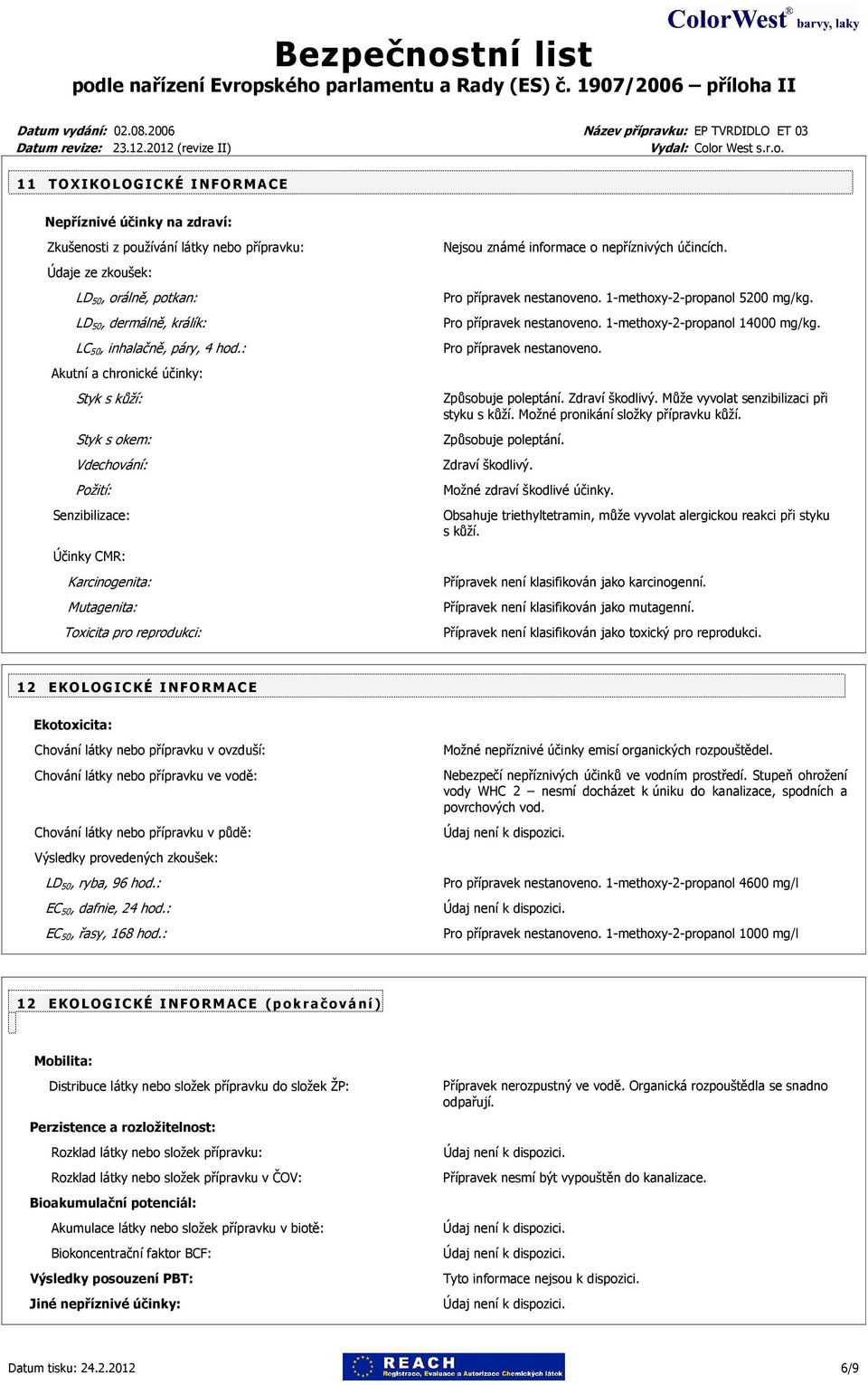 účincích Pro přípravek nestanoveno 1-methoxy-2-propanol 5200 mg/kg Pro přípravek nestanoveno 1-methoxy-2-propanol 14000 mg/kg Pro přípravek nestanoveno Způsobuje poleptání Zdraví škodlivý Může