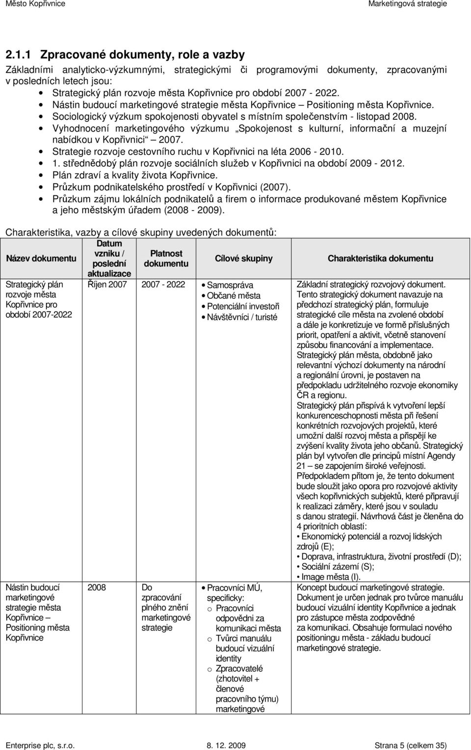 období 2007-2022. Nástin budoucí marketingové strategie města Kopřivnice Positioning města Kopřivnice. Sociologický výzkum spokojenosti obyvatel s místním společenstvím - listopad 2008.