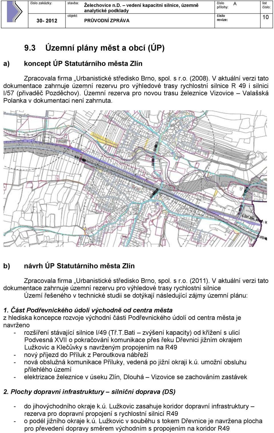 Územní rezerva pro novou trasu železnice Vizovice Valašská Polanka v dokumentaci není zahrnuta. b) návrh ÚP Statutárního města Zlín Zpracovala firma Urbanistické středisko Brno, spol. s r.o. (2011).