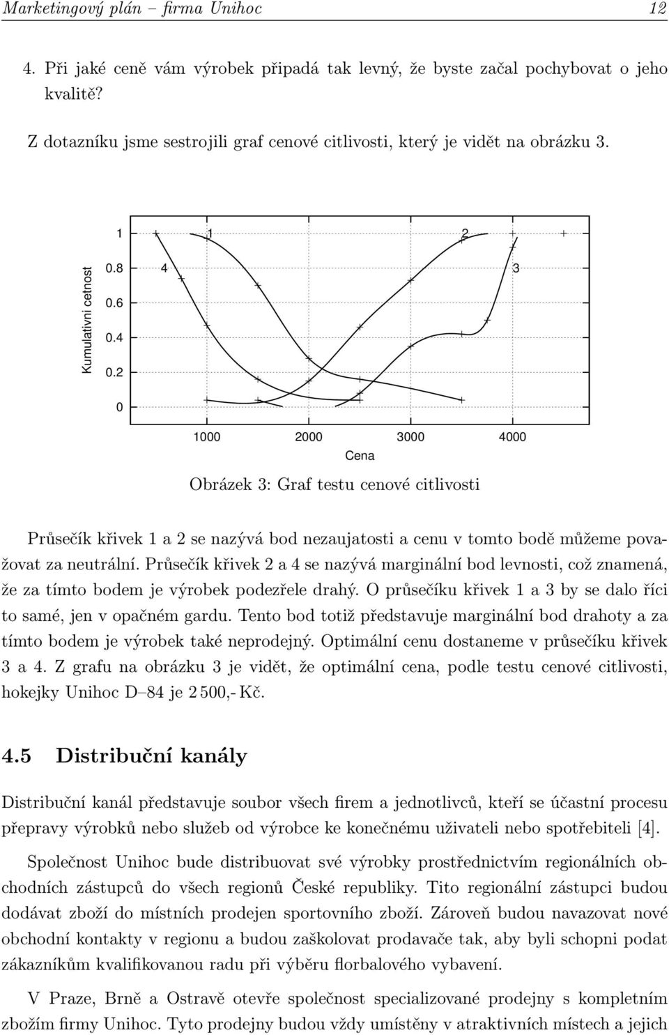 2 4 3 0 1000 2000 3000 4000 Cena Obrázek 3: Graf testu cenové citlivosti Průsečík křivek 1 a 2 se nazývá bod nezaujatosti a cenu v tomto bodě můžeme považovat za neutrální.
