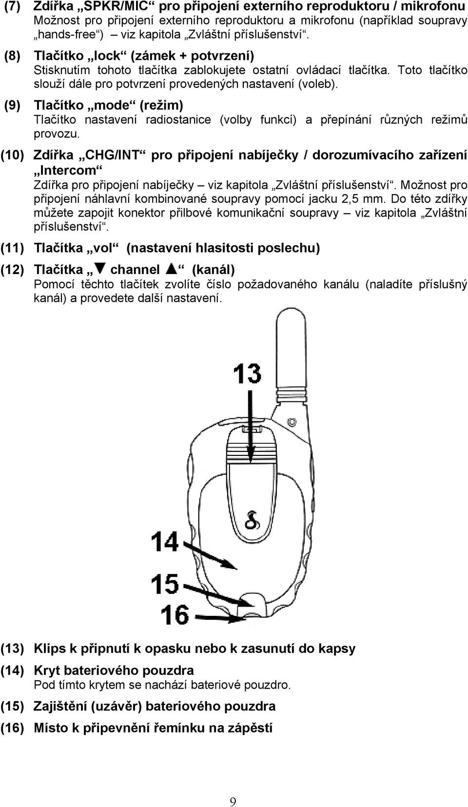 (9) Tlačítko mode (režim) Tlačítko nastavení radiostanice (volby funkcí) a přepínání různých režimů provozu.