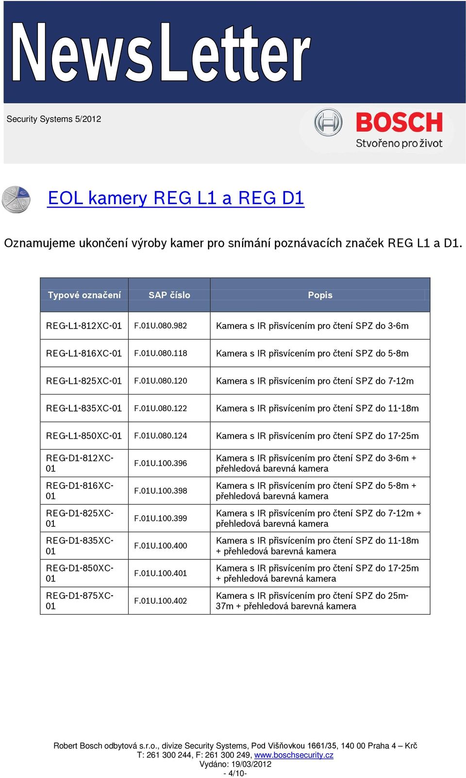 U.080.122 Kamera s IR přisvícením pro čtení SPZ do 11-18m REG-L1-850XC- F.U.080.124 Kamera s IR přisvícením pro čtení SPZ do 17-25m REG-D1-812XC- REG-D1-816XC- REG-D1-825XC- REG-D1-835XC- REG-D1-850XC- REG-D1-875XC- F.