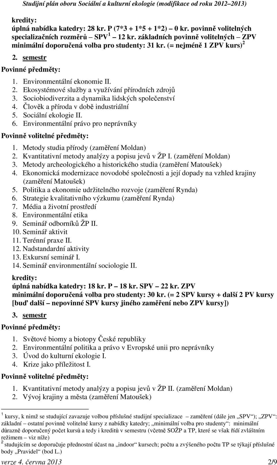 Sociobiodiverzita a dynamika lidských společenství 4. Člověk a příroda v době industriální 5. Sociální ekologie II. 6. Environmentální právo pro neprávníky Povinně volitelné předměty: 1.