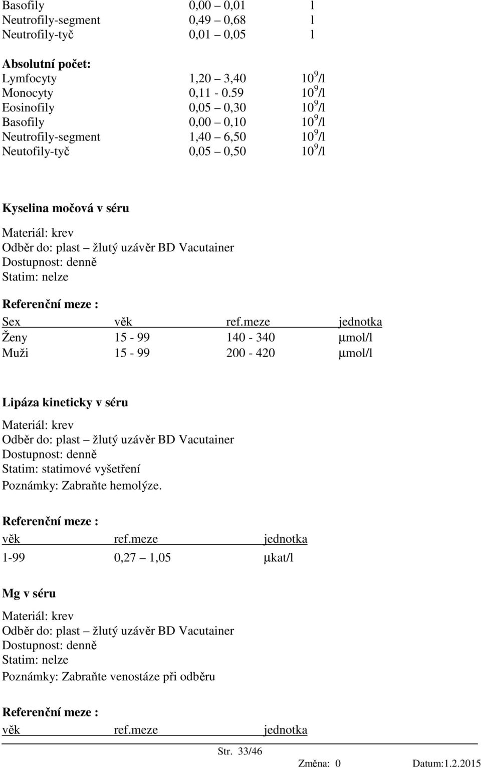 Kyselina močová v séru Referenční meze : Sex Ženy 15-99 140-340 µmol/l Muži 15-99 200-420 µmol/l Lipáza kineticky v séru Statim: statimové