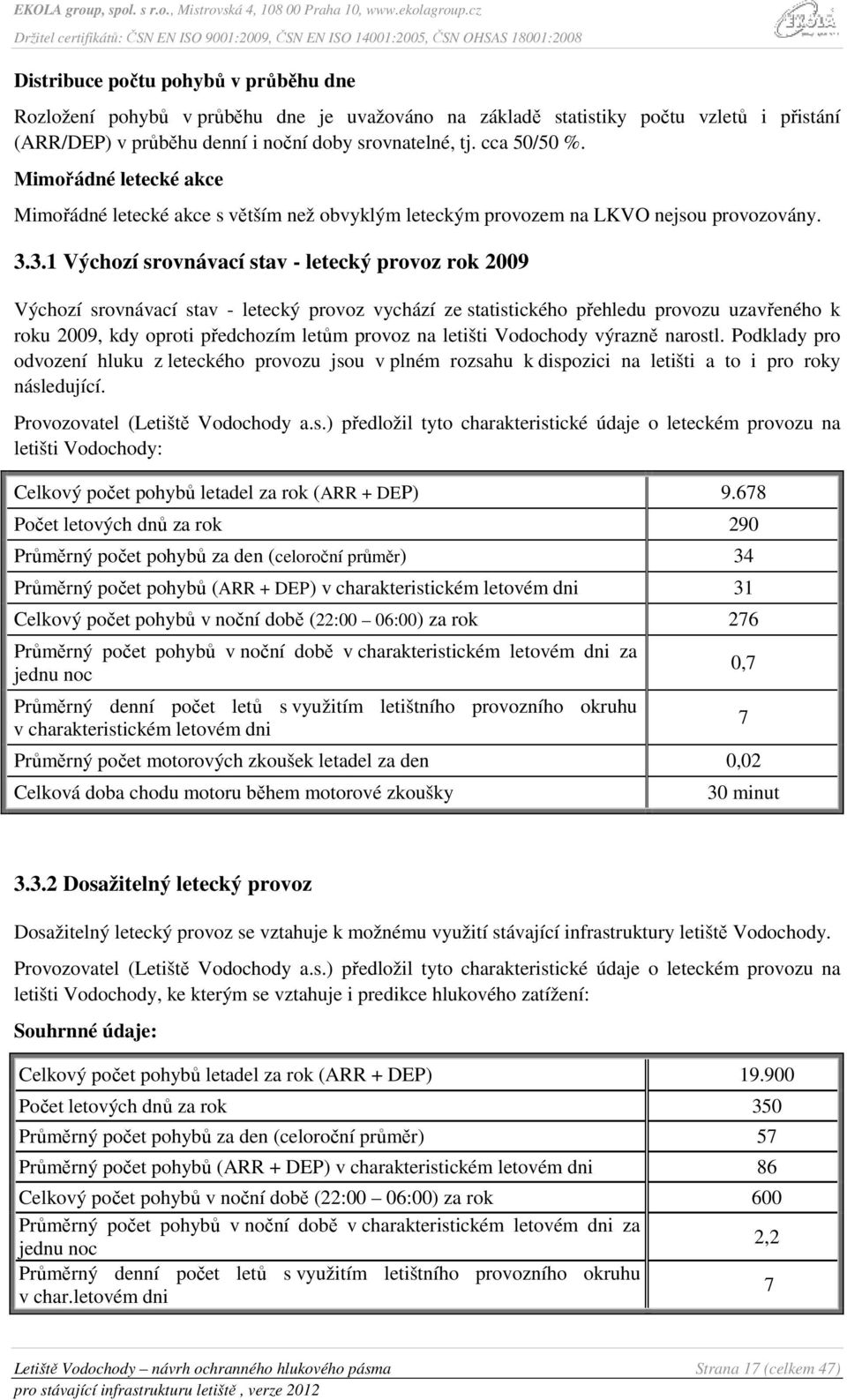 3.1 Výchozí srovnávací stav - letecký provoz rok 2009 Výchozí srovnávací stav - letecký provoz vychází ze statistického přehledu provozu uzavřeného k roku 2009, kdy oproti předchozím letům provoz na