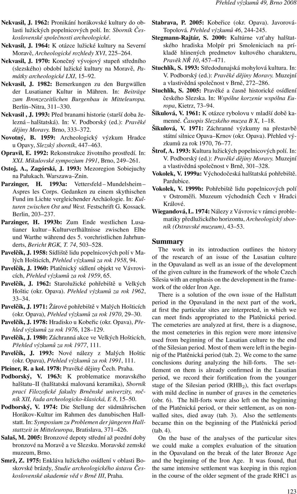 1982: Bemerkungen zu den Burgwällen der Lusatianer Kultur in Mähren. In: Beiträge zum Bronzezeitlichen Burgenbau in Mitteleuropa. Berlín Nitra, 311 330. Nekvasil, J.