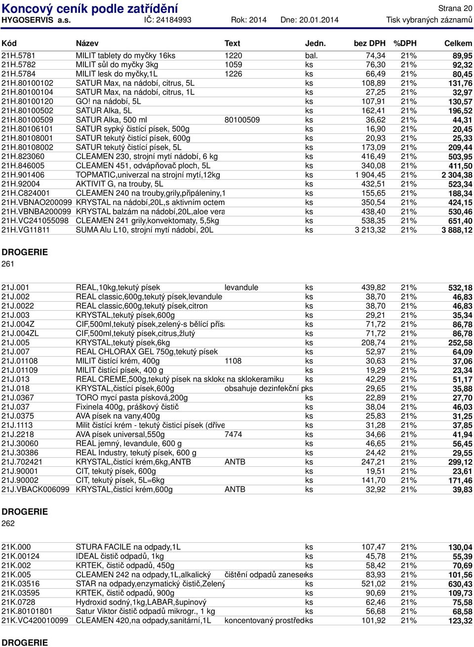 na nádobí, 5L ks 107,91 21% 130,57 21H.80100502 SATUR Alka, 5L ks 162,41 21% 196,52 21H.80100509 SATUR Alka, 500 ml 80100509 ks 36,62 21% 44,31 21H.