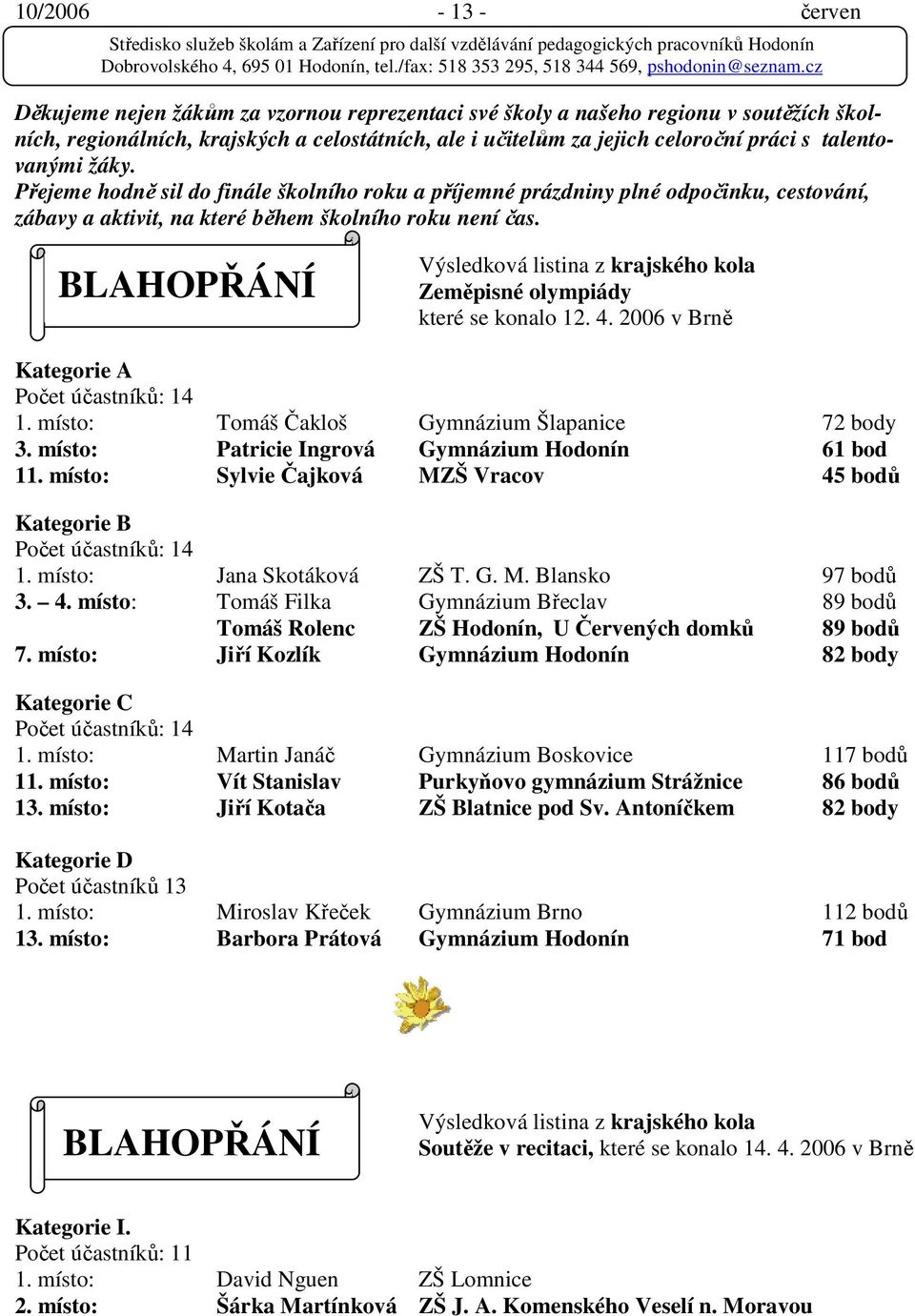 Výsledková listina z krajského kola Zeměpisné olympiády které se konalo 12. 4. 2006 v Brně Kategorie A Počet účastníků: 14 1. místo: Tomáš Čakloš Gymnázium Šlapanice 72 body 3.