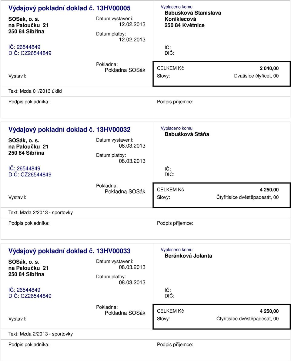 2013 Babušková Stanislava Koniklecová D 2 040,00 Vystavil: Slovy: Dvatisíce čtyřicet, 00 Text: Mzda 01/2013 úklid Výdajový pokladní doklad č.