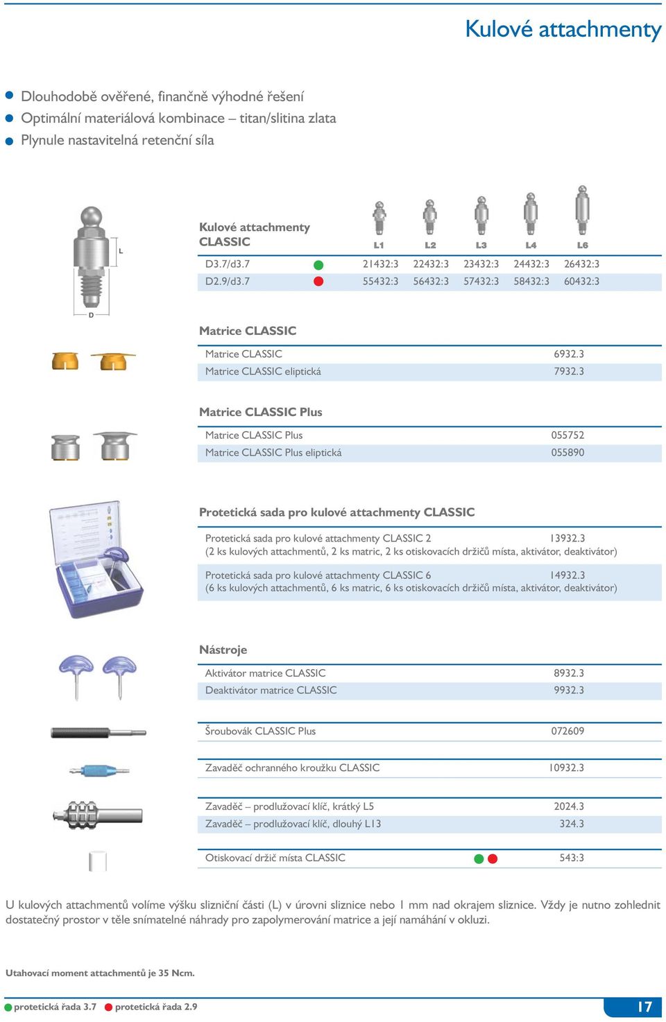 3 Matrice CASSIC Plus Matrice CASSIC Plus 055752 Matrice CASSIC Plus eliptická 055890 Protetická sada pro kulové attachmenty CASSIC Protetická sada pro kulové attachmenty CASSIC 2 13932.