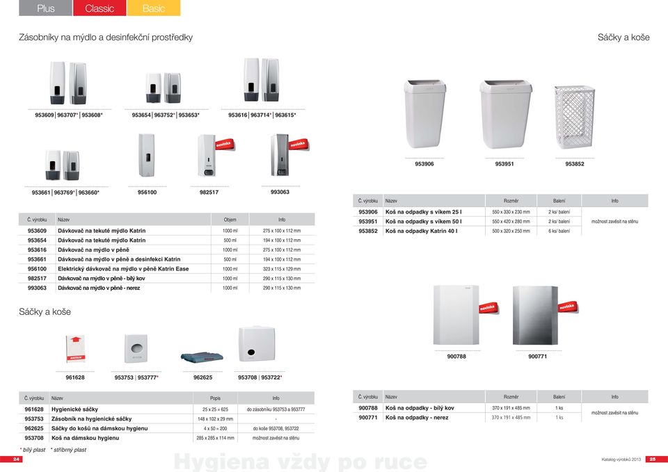 výrobku Název Objem Info 953609 Dávkovač na tekuté mýdlo Katrin 1000 ml 275 x 100 x 112 mm 953654 Dávkovač na tekuté mýdlo Katrin 500 ml 194 x 100 x 112 mm 953616 Dávkovač na mýdlo v pěně 1000 ml 275