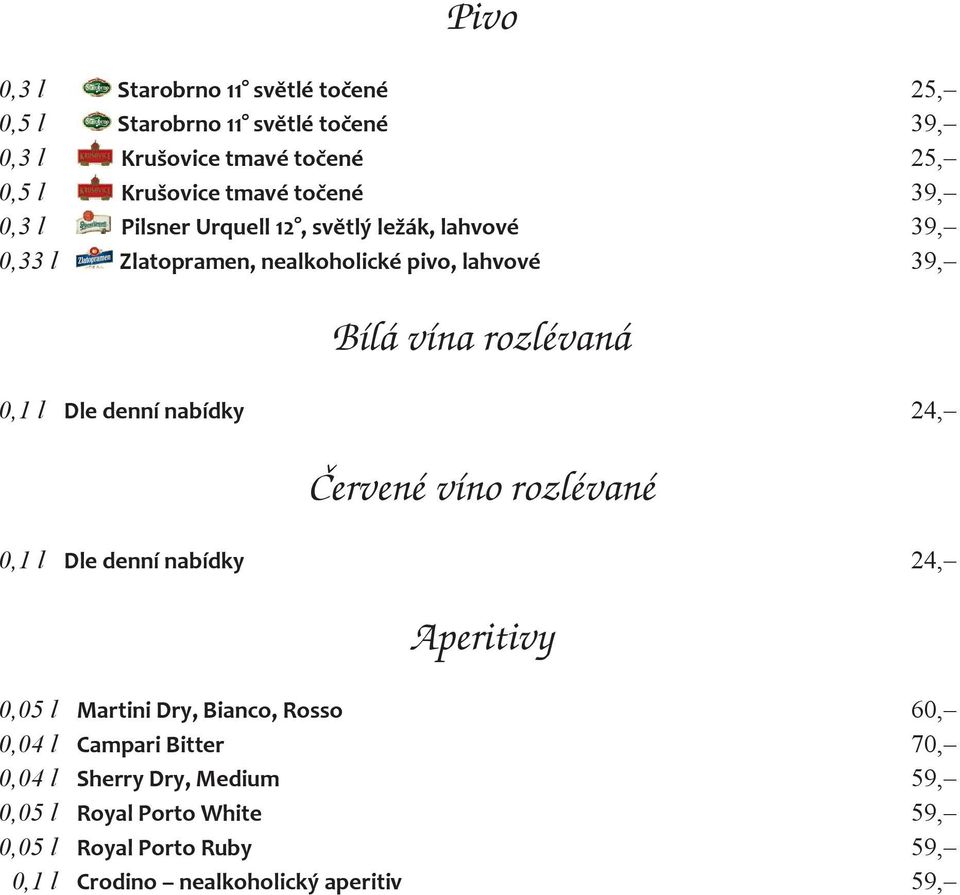 0,1 l Dle denní nabídky 24, Červené víno rozlévané 0,1 l Dle denní nabídky 24, Aperitivy 0,05 l Martini Dry, Bianco, Rosso 60, 0,04 l