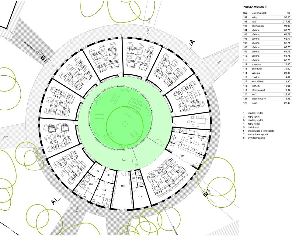 111 učebna 112 sborovna 113 přípravna 114 výdejna 116 chodba 117 wc - učitelé 118 tech. m.