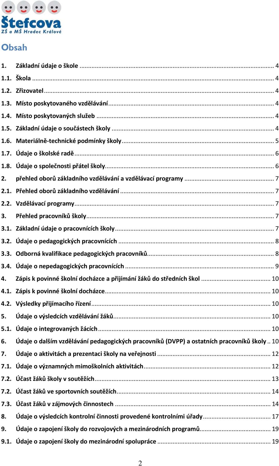 .. 7 2.2. Vzdělávací programy... 7 3. Přehled pracovníků školy... 7 3.1. Základní údaje o pracovnících školy... 7 3.2. Údaje o pedagogických pracovnících... 8 3.3. Odborná kvalifikace pedagogických pracovníků.