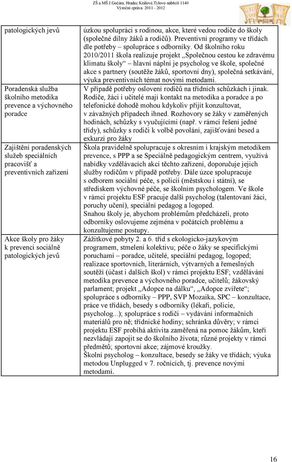 Od školního roku 2010/2011 škola realizuje projekt Společnou cestou ke zdravému klimatu školy hlavní náplní je psycholog ve škole, společné akce s partnery (soutěže žáků, sportovní dny), společná