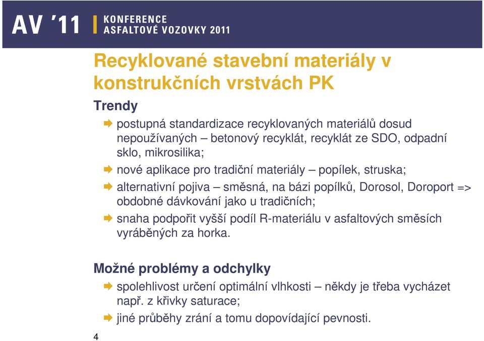 popílků, Dorosol, Doroport => obdobné dávkování jako u tradičních; snaha podpořit vyšší podíl R-materiálu v asfaltových směsích vyráběných za horka.