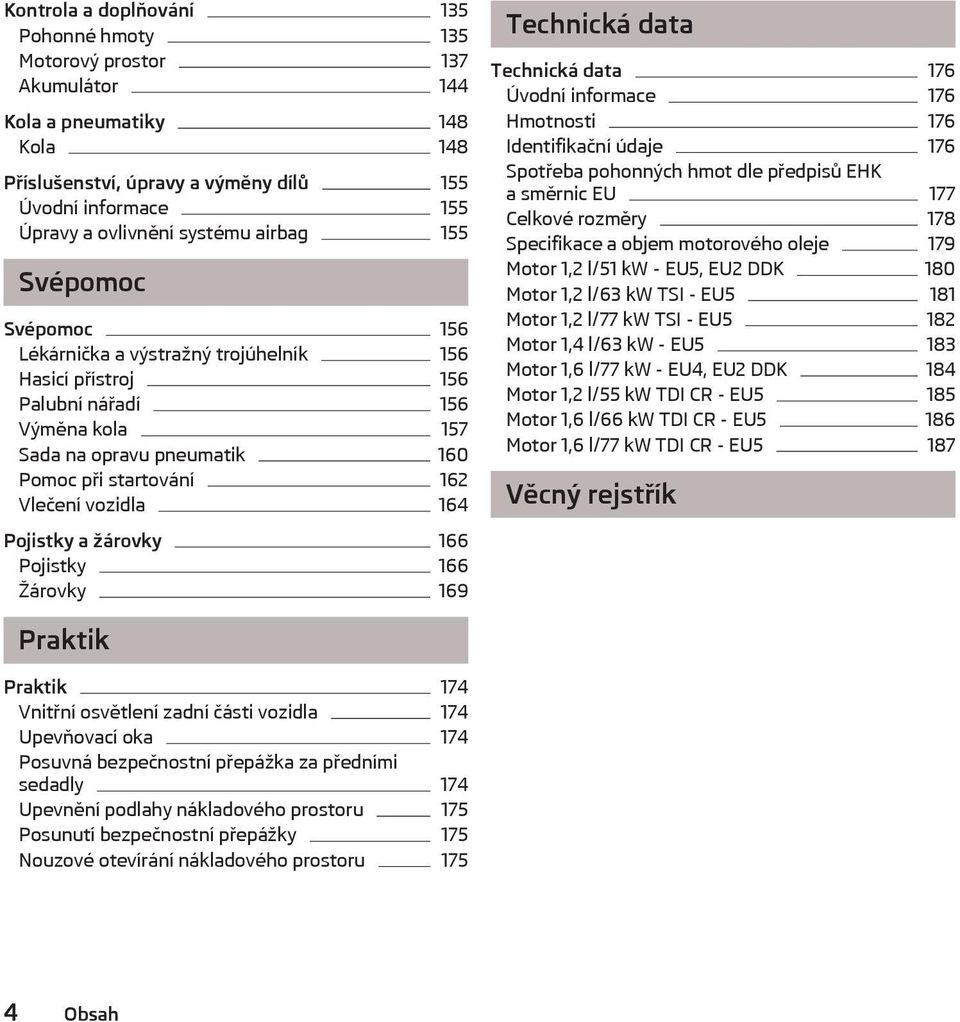 164 Pojistky a žárovky 166 Pojistky 166 Žárovky 169 Technická data Technická data 176 Úvodní informace 176 Hmotnosti 176 Identifikační údaje 176 Spotřeba pohonných hmot dle předpisů EHK a směrnic EU