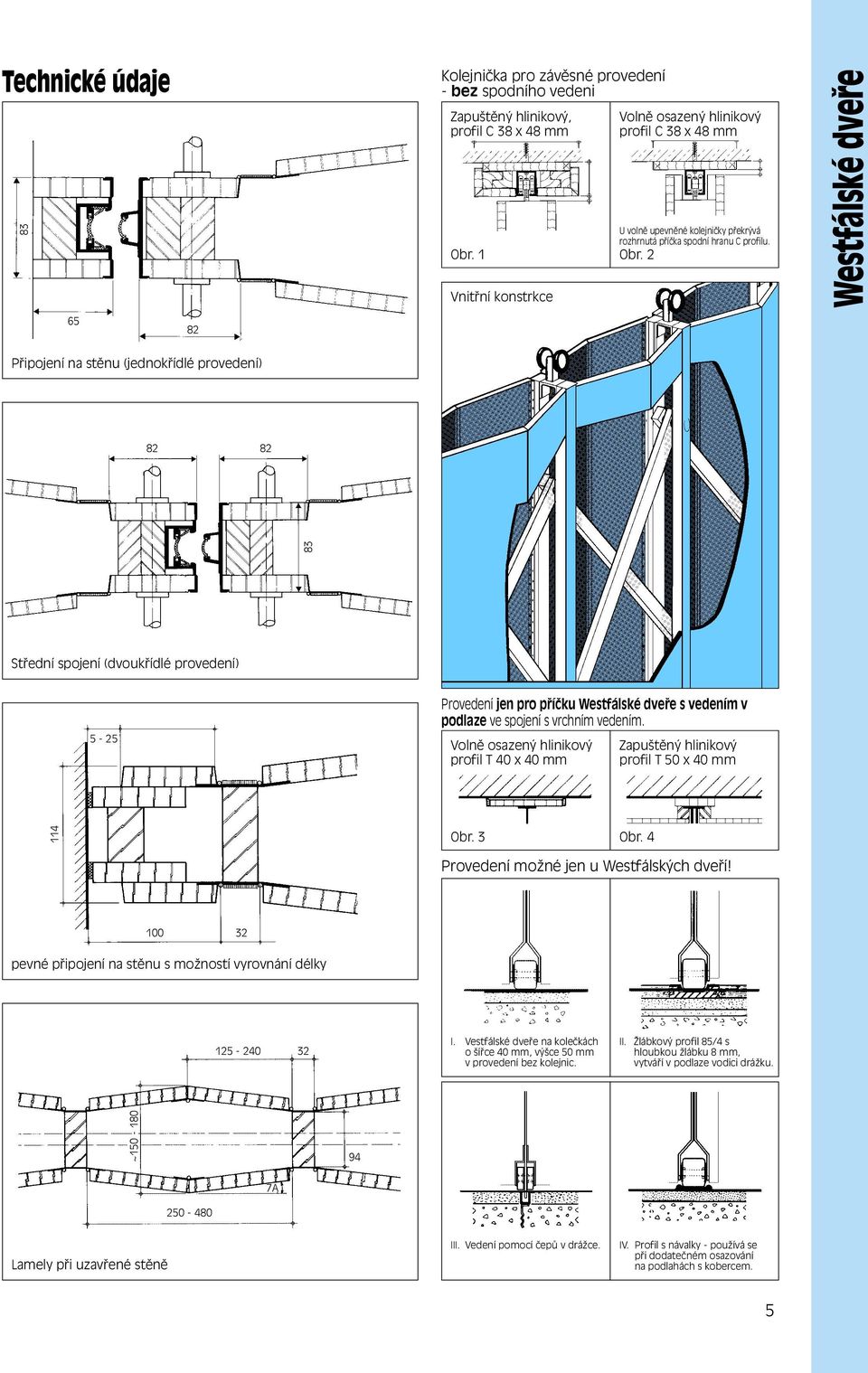 2 Westfálské dveře 65 82 Připojení na stěnu (jednokřídlé provedení) 82 82 83 Střední spojení (dvoukřídlé provedení) Ausgleichsfuge 5-25 Provedení jen pro příčku Westfálské dveře s vedením v podlaze