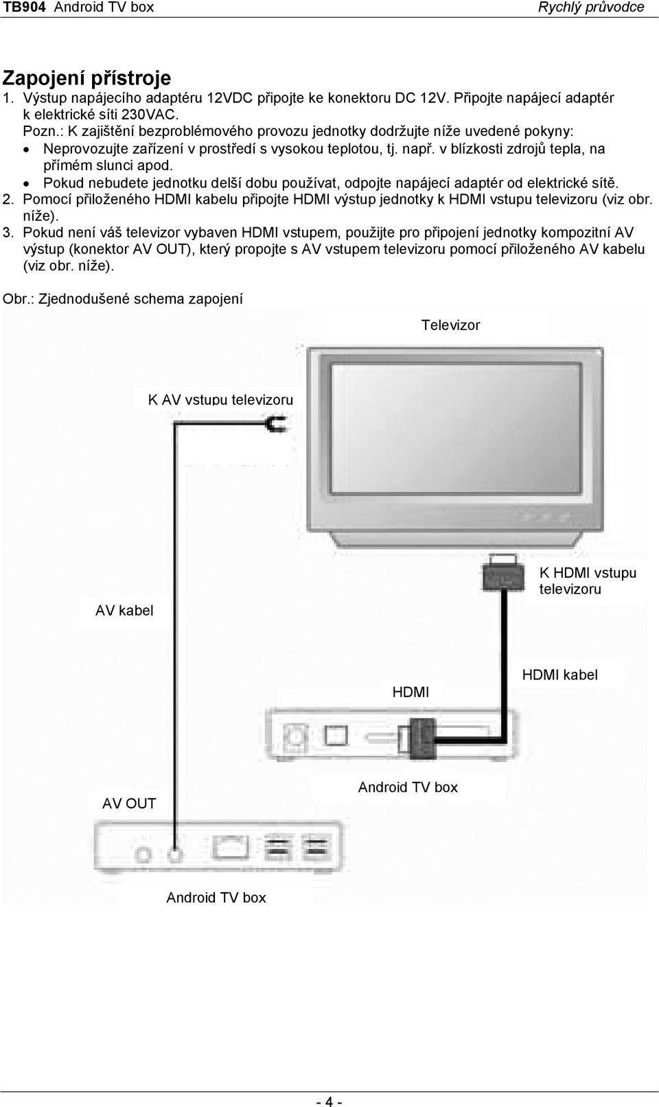 Pokud nebudete jednotku delší dobu používat, odpojte napájecí adaptér od elektrické sítě. 2. Pomocí přiloženého HDMI kabelu připojte HDMI výstup jednotky k HDMI vstupu televizoru (viz obr. níže). 3.
