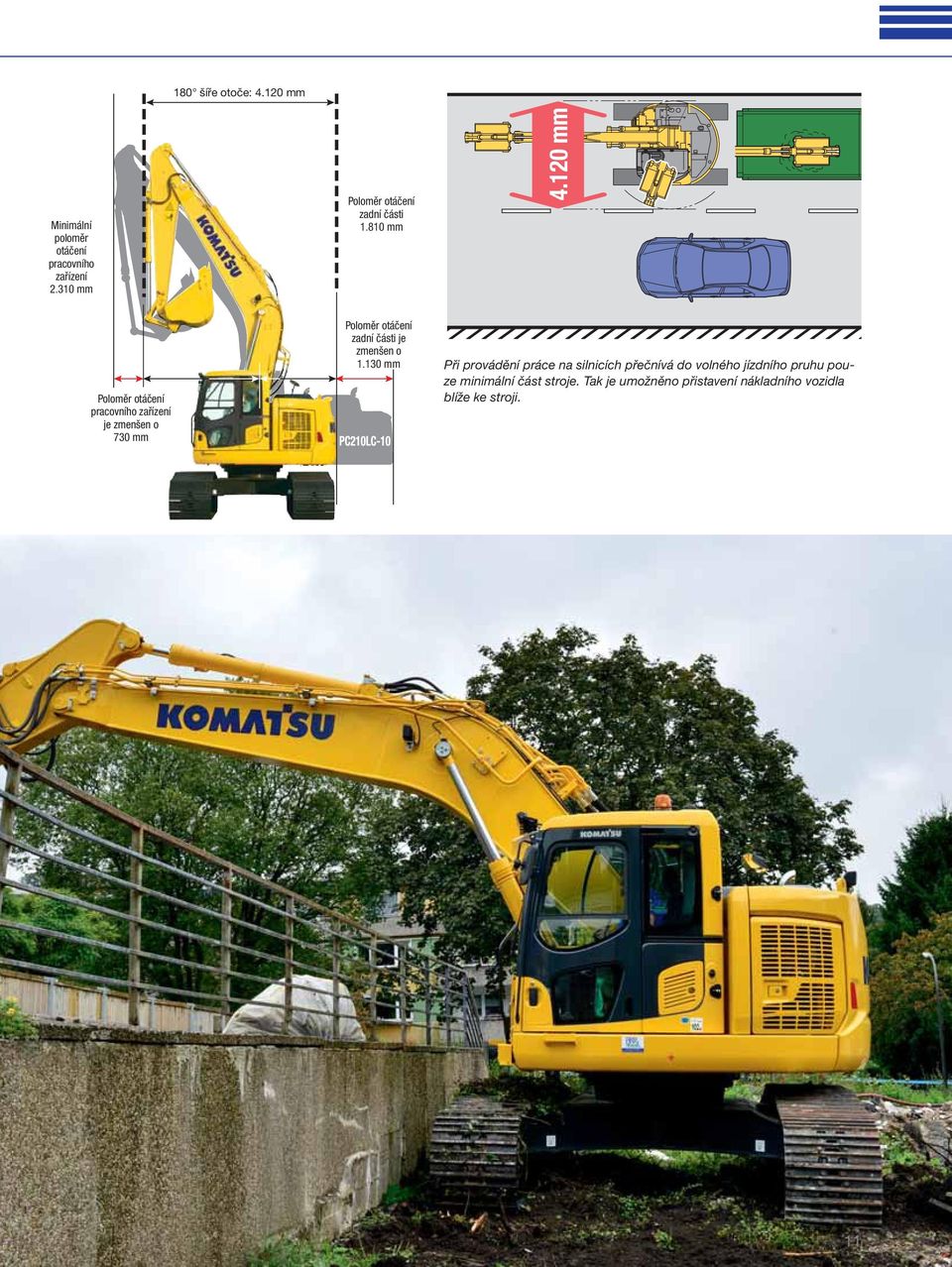 120 mm Poloměr otáčení pracovního zařízení je zmenšen o 730 mm Poloměr otáčení zadní části je