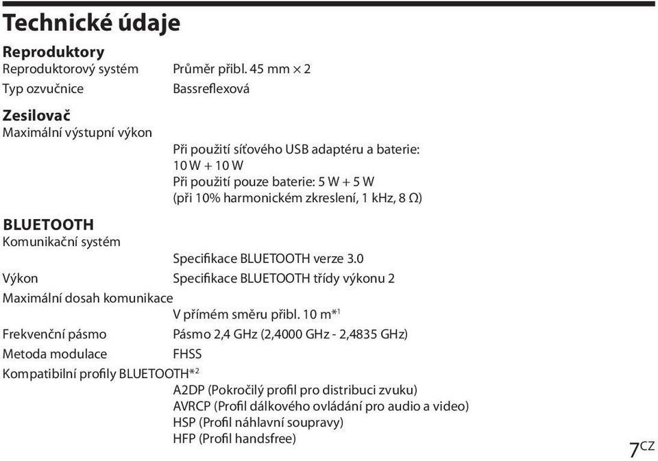 harmonickém zkreslení, 1 khz, 8 Ω) BLUETOOTH Komunikační systém Specifikace BLUETOOTH verze 3.