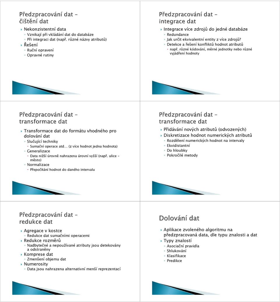 různé kódování, měrné jedtky nebo různé vyjádření hodty Ruční opravení Opravné rutiny Transformace dat do formátu vhodného pro dolování dat Přidávání vých atributů (odvozených) Diskretizace hodt
