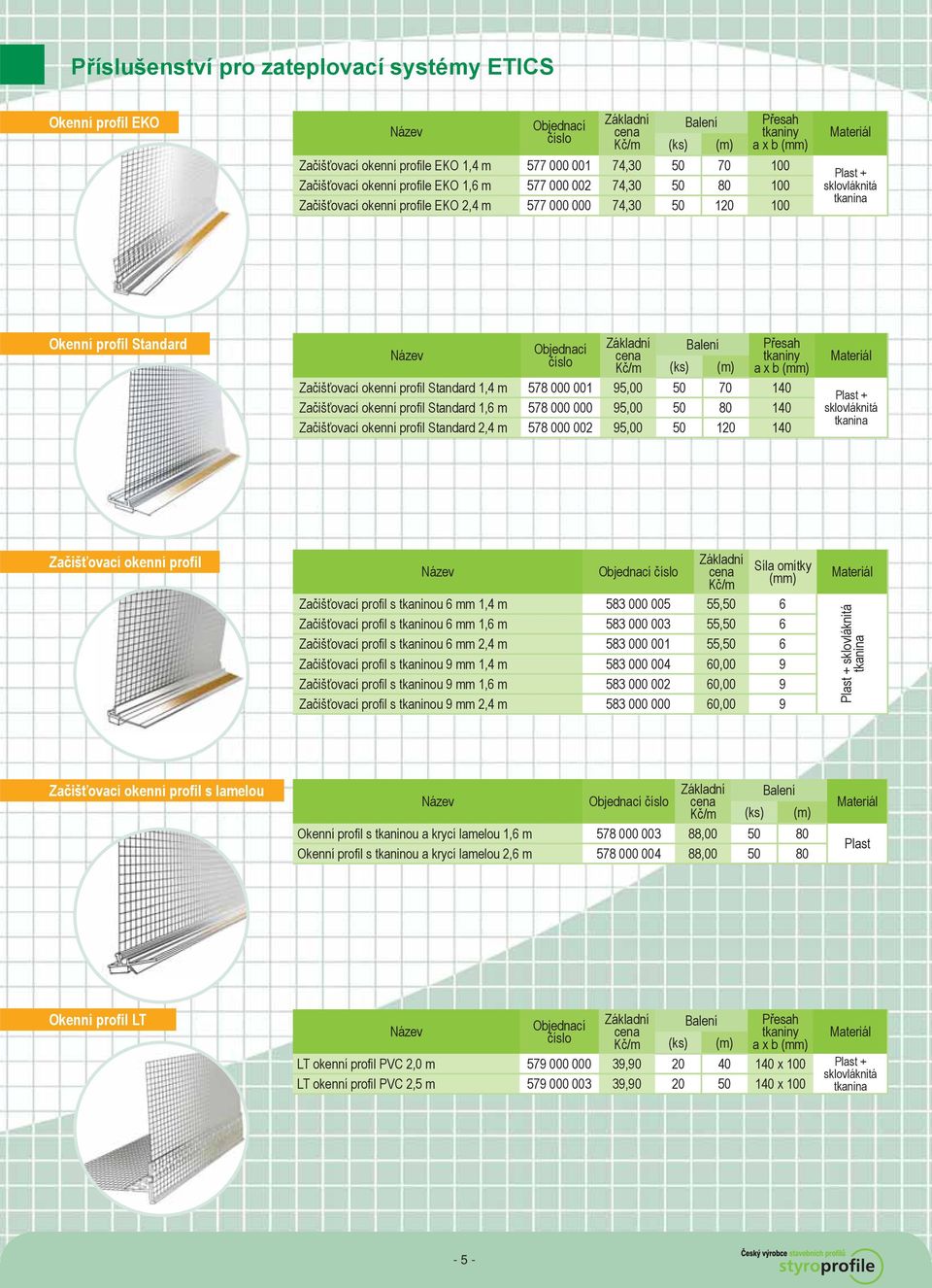 578 000 001 95,00 50 70 140 Začišťovací okenní profil Standard 1,6 m 578 000 000 95,00 50 80 140 Začišťovací okenní profil Standard 2,4 m 578 000 002 95,00 50 120 140 + sklovláknitá tkanina