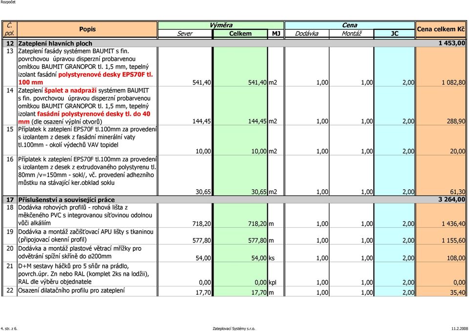 100 mm 541,40 541,40 m2 1,00 1,00 2,00 1 082,80 14 Zateplení špalet a nadpraží systémem BAUMIT s fin. povrchovou úpravou disperzní probarvenou omítkou BAUMIT GRANOPOR tl.