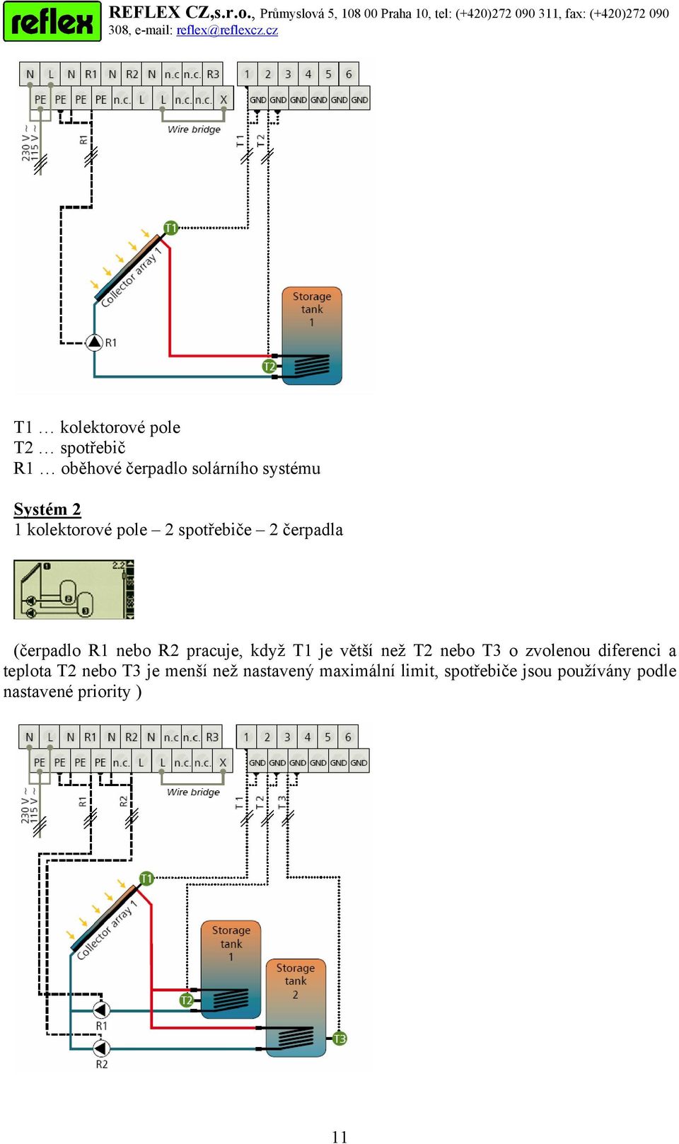 je větší než T2 nebo T3 o zvolenou diferenci a teplota T2 nebo T3 je menší než