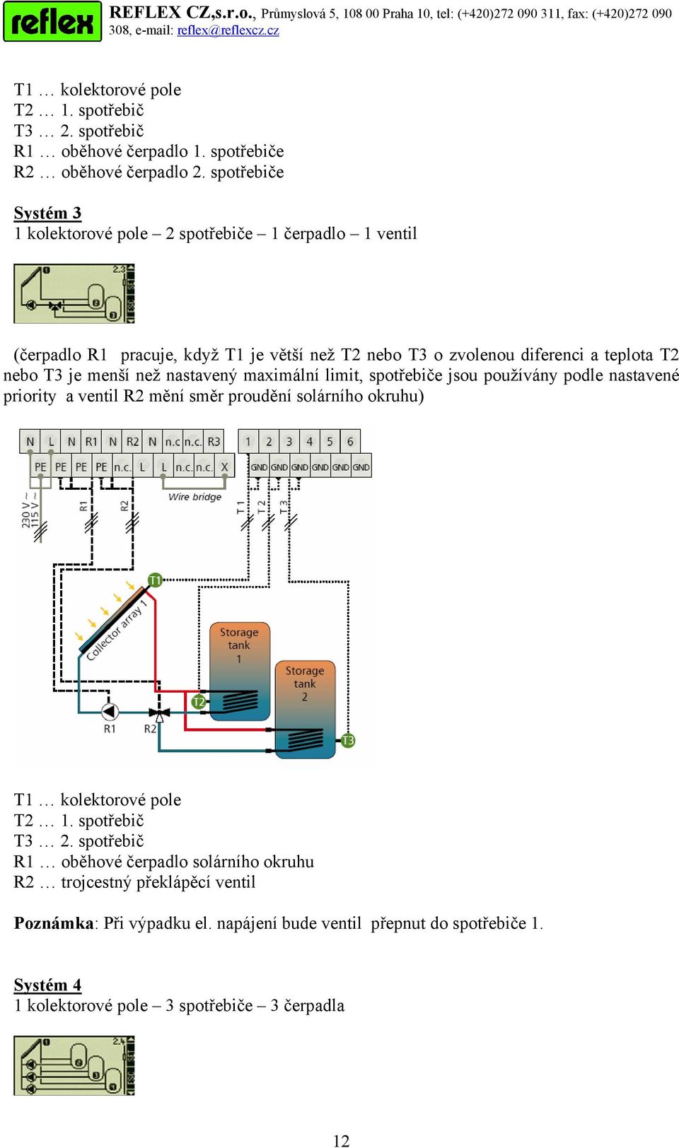 T3 je menší než nastavený maximální limit, spotřebiče jsou používány podle nastavené priority a ventil R2 mění směr proudění solárního okruhu) T1 kolektorové pole T2