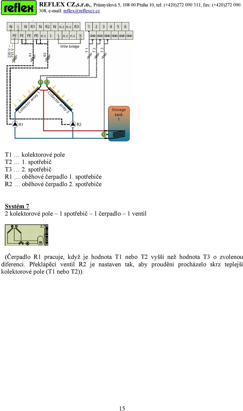 spotřebiče Systém 7 2 kolektorové pole 1 spotřebič 1 čerpadlo 1 ventil (Čerpadlo R1 pracuje,