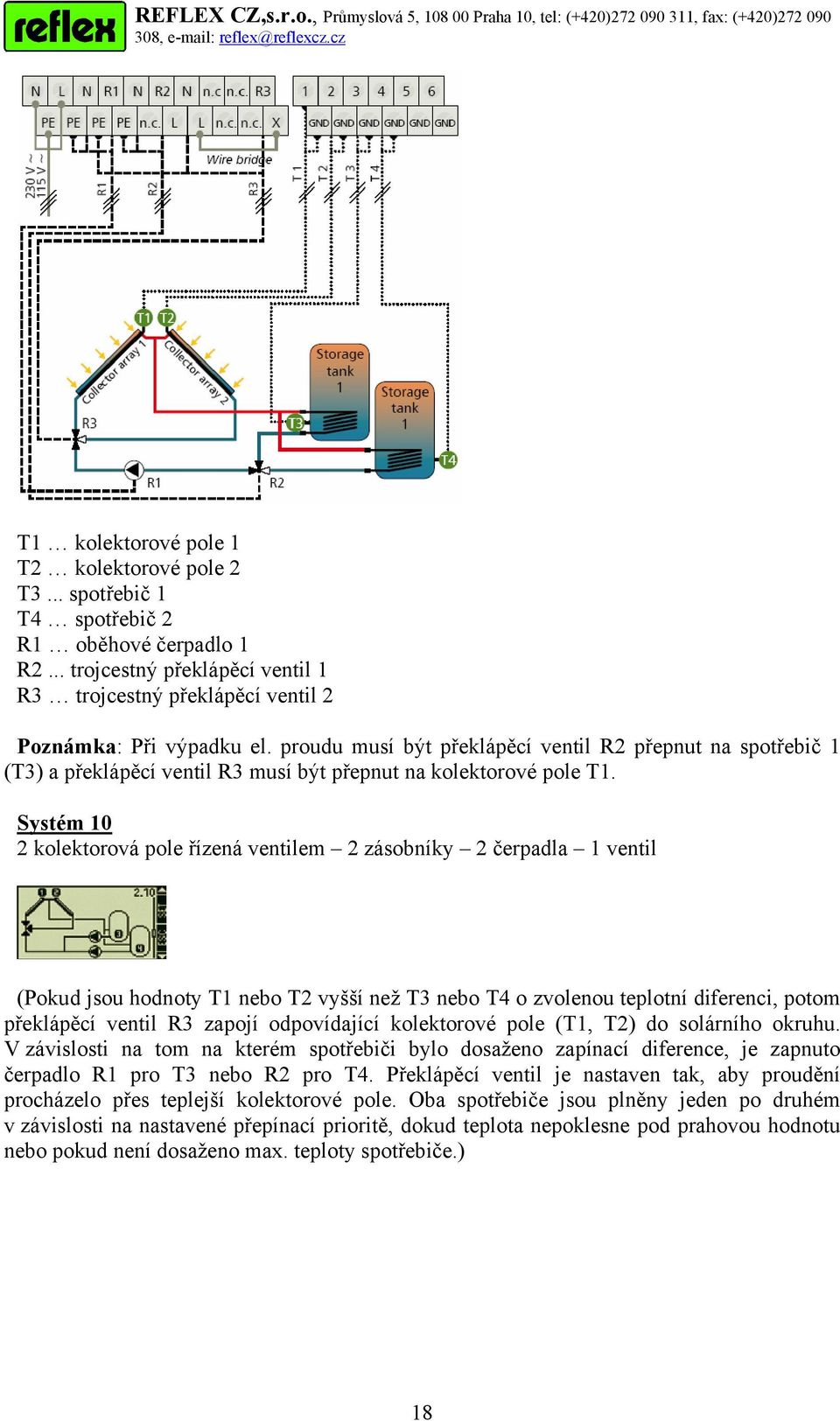 Systém 10 2 kolektorová pole řízená ventilem 2 zásobníky 2 čerpadla 1 ventil (Pokud jsou hodnoty T1 nebo T2 vyšší než T3 nebo T4 o zvolenou teplotní diferenci, potom překlápěcí ventil R3 zapojí