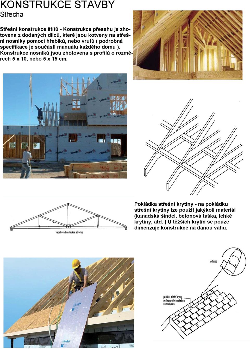 Konstrukce nosníků jsou zhotovena s profilů o rozměrech 5 x 10, nebo 5 x 15 cm.