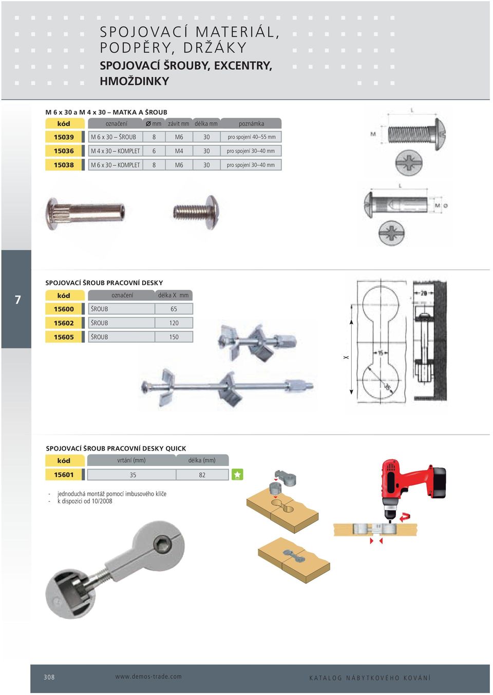 spojení 30 40 mm SPOJOVACÍ ŠROUB PRACOVNÍ DESKY označení délka X mm 15600 ŠROUB 65 15602 ŠROUB 120 15605 ŠROUB 150 X SPOJOVACÍ